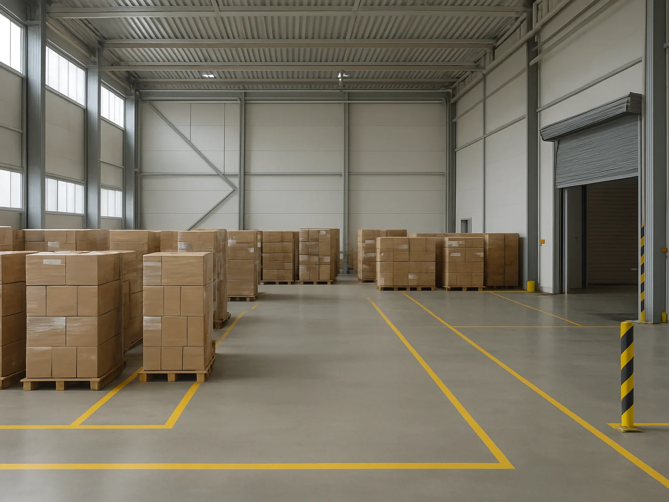 Wide documentary view of a clean, organized warehouse bay with pa