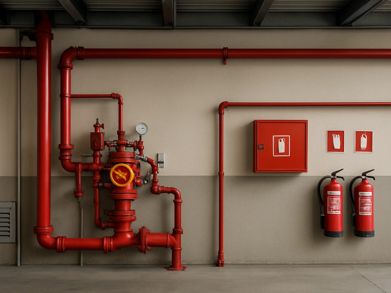 Close documentary detail of airport fire-prevention equipment and