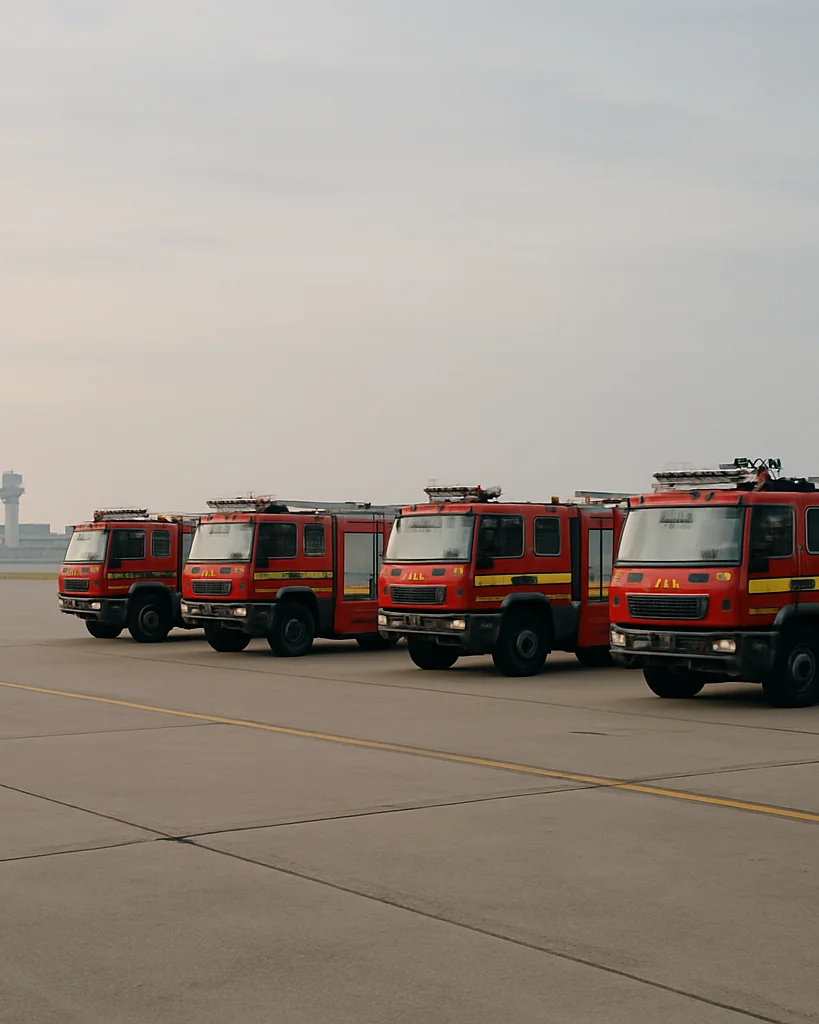 Wide environmental view of an airport apron at dawn with fire-res