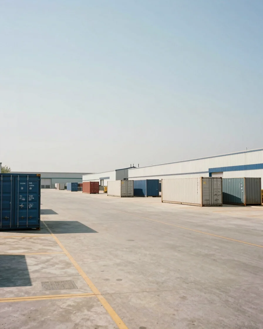 Wide environmental view of a clean, orderly transport warehouse yard under clear natural daylight, neutral tones, contai